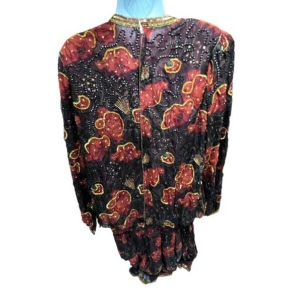 JUDITH ANN CREATIONS Xs SILK FLOWER PRINT BEAD & SEQUINS DRESS Burgundy Modest - Picture 9 of 12